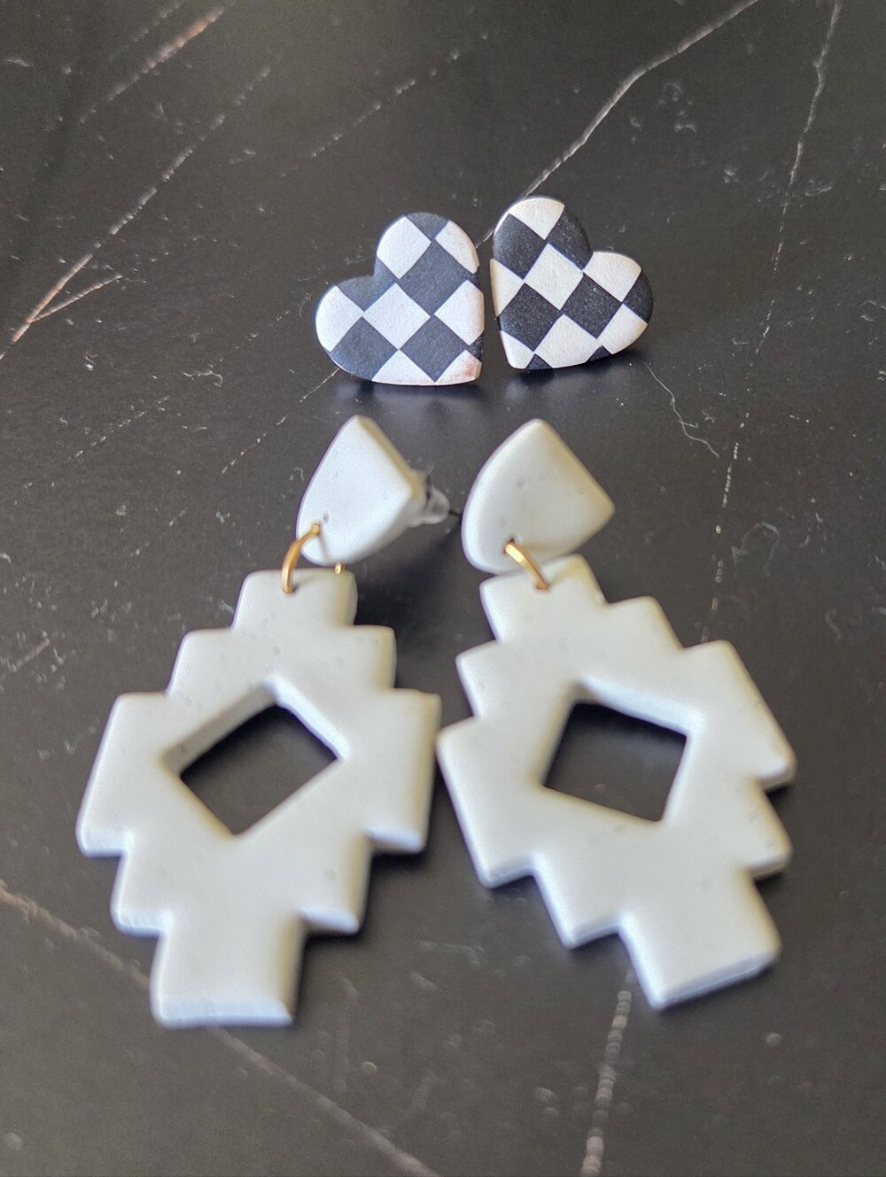 Clay Earrings Bundle - Geometric Drop Earrings and Checker Heart Studs